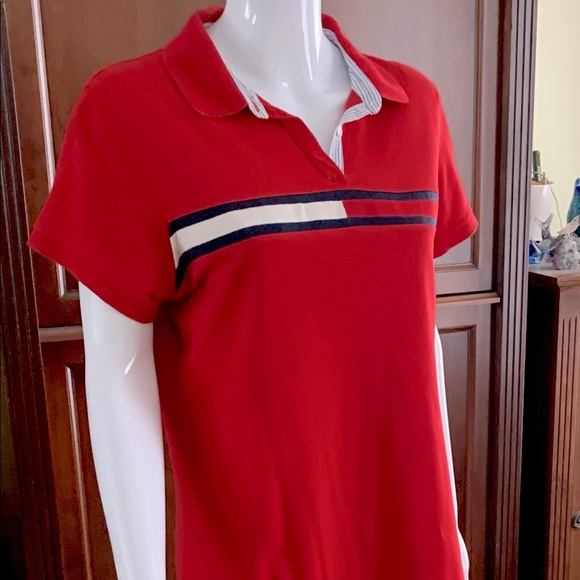 Tommy Hilfiger red cotton T-shirt dress at knee logo color blocks over chest - Picture 9 of 11